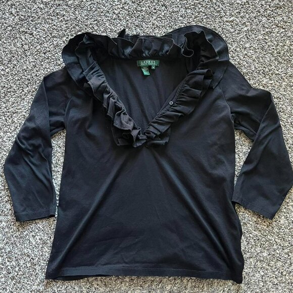 Ralph Lauren Blouse Black Womens Medium Ruffle 100% Cotton Long Sleeve Top - Picture 2 of 8